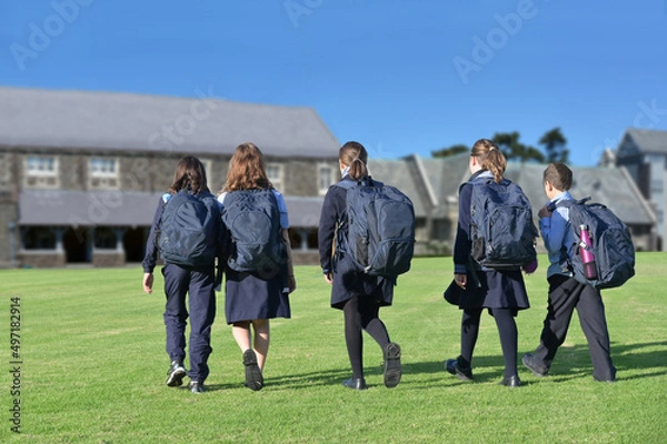 Obraz School students group walking together to school