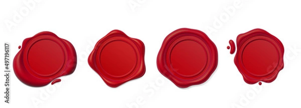 Fototapeta Seal wax 3d. Red Wax candle stamp. Realistic vector render design elements.