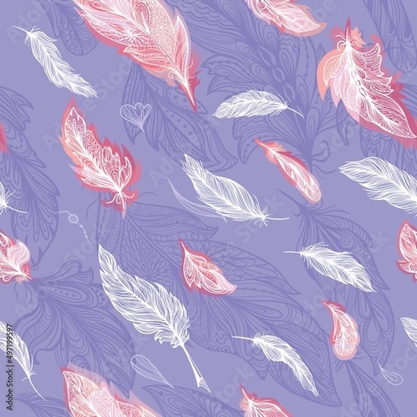 Obraz Romantic elegant sketch outline feather vector pattern
