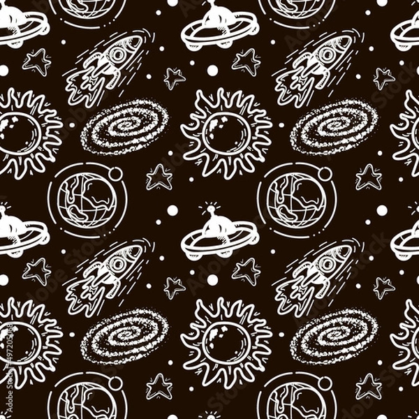 Fototapeta Seamless pattern of rockets, planets, comets, asteroids and stars. Vector in cartoon style. Black hole. Sun. Stars. Solar system on a black background. Can be used for greeting cards, children's.