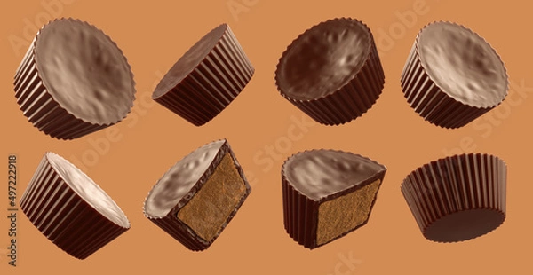Obraz Set of chocolate peanut butter cups. Isolated on background. 3d illustration