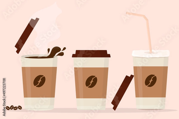 Fototapeta set of paper cups of coffee latte cappuccino espresso with lid