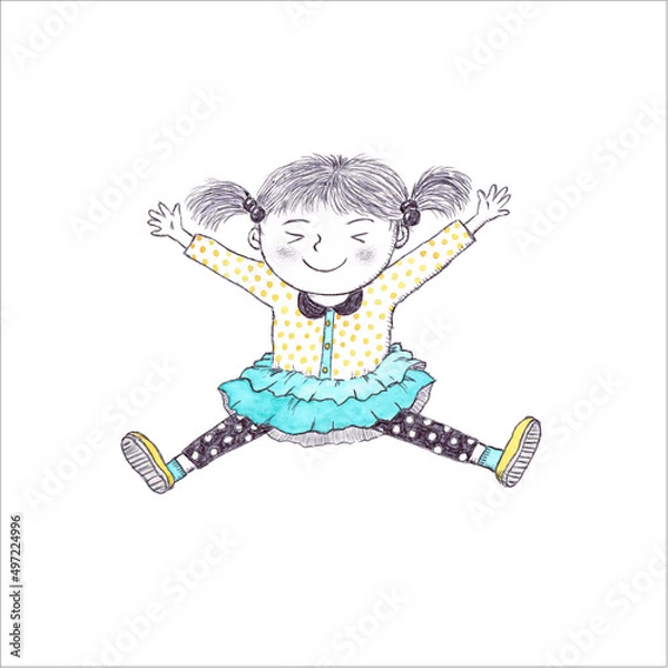 Fototapeta Jumping girl_2 on the white background, Girl, Jump, Jumping, Happy, Glad, Grateful, Joy, Joyful, Bright, Delight, Delightful
