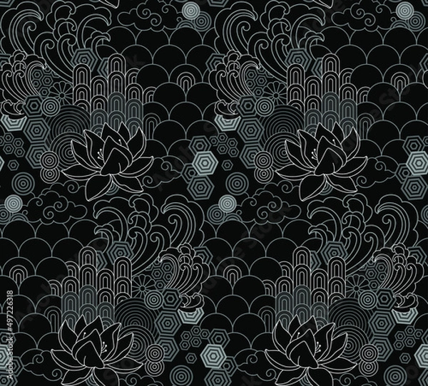 Obraz Lotus. Floral Black and White Geometric Seamless Pattern.