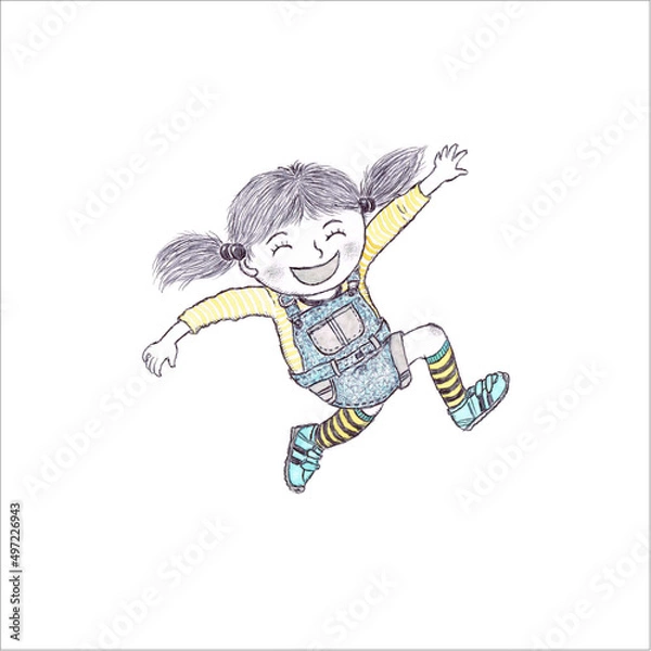 Fototapeta Jumping girl_1 on the white background, Girl, Jump, Jumping, Happy, Glad, Grateful, Joy, Joyful, Bright, Delight, Delightful
