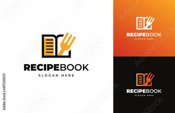 Fototapeta Recipe book food cook chef note open writing vector logo design, Fork book menu reading paper logo design
