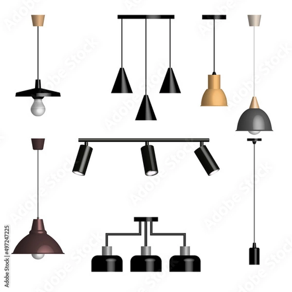 Obraz Set of various 3D lamps and fixtures. Front view, vector illustration.