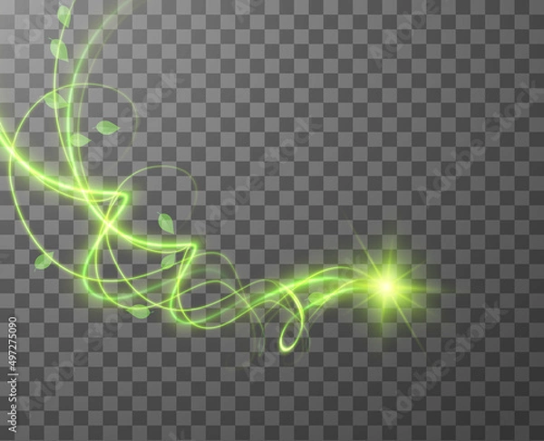 Fototapeta Green spiral spring wind effect with green star and leaves particles on checkered background. Vector eps10