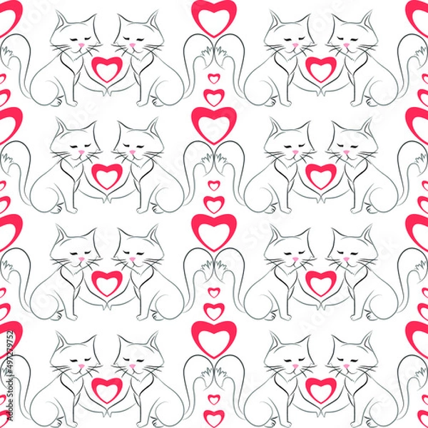 Fototapeta Seamless pattern with cats and hearts