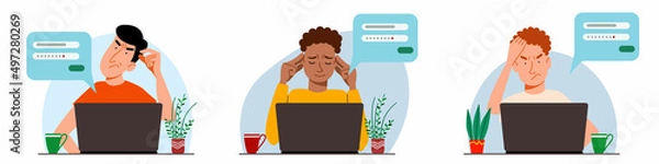 Fototapeta A set of concepts of people thinking on a laptop. Forgot your password and login for the account on the web page. Flat vector illustration.