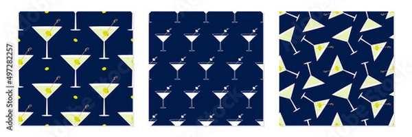 Fototapeta Set, collection of three vector seamless pattern backgrounds with martini cocktail in glasses with olives.

