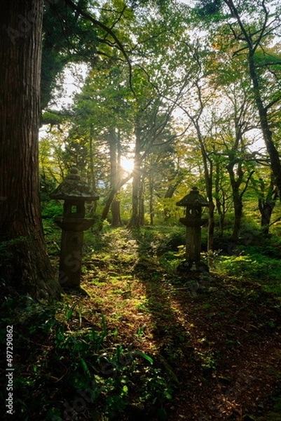 Obraz 大山の帰り道　夕日と灯籠