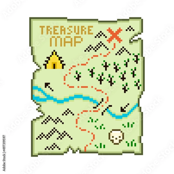 Fototapeta colorful simple vector flat pixel art illustration of cartoon old treasure map