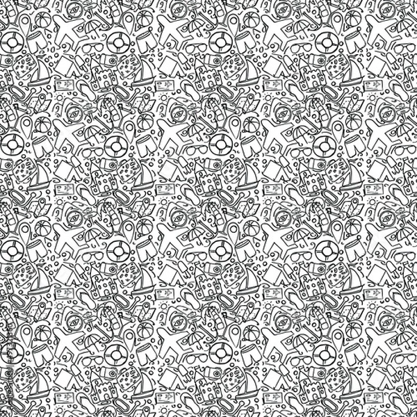 Fototapeta Summer seamless pattern. travel icons on white background. Travel vacation set of icons, journey and trip background. Doodle summer travel icons. Vacation vector pattern with travel icons