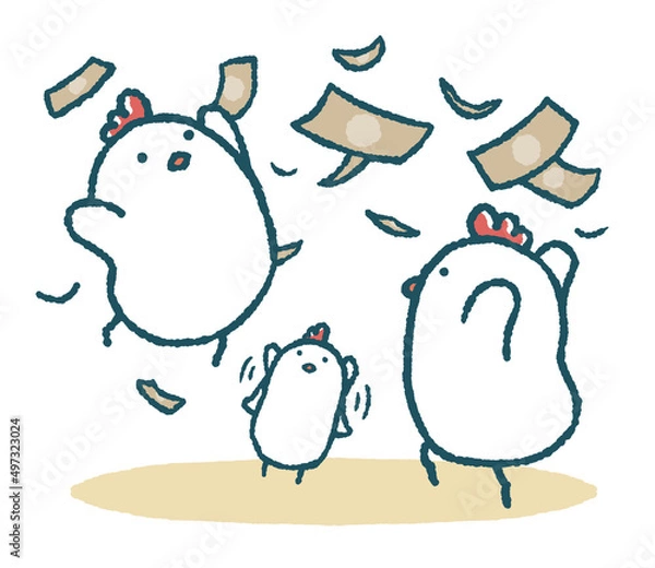 Obraz ゆるいにわとりは舞い落ちる紙幣を拾う
