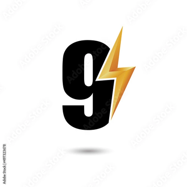 Fototapeta Number Nine 9 ThunderBolt Logo Design Concept in Black and Yellow. Numeric Flash Icon.