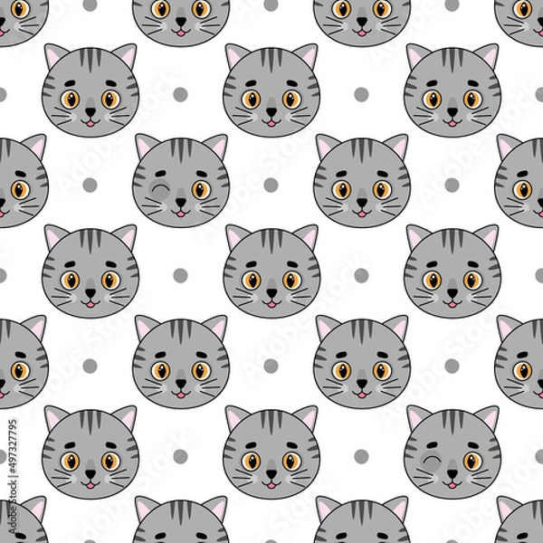 Obraz Seamless vector pattern with cute kittens' heads and dots.