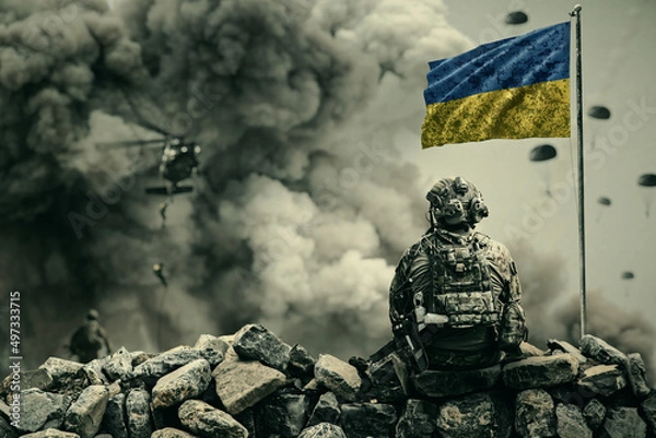 Fototapeta Military helicopter and forces in destroyed city and soldiers are in flight with a parachute and one 
