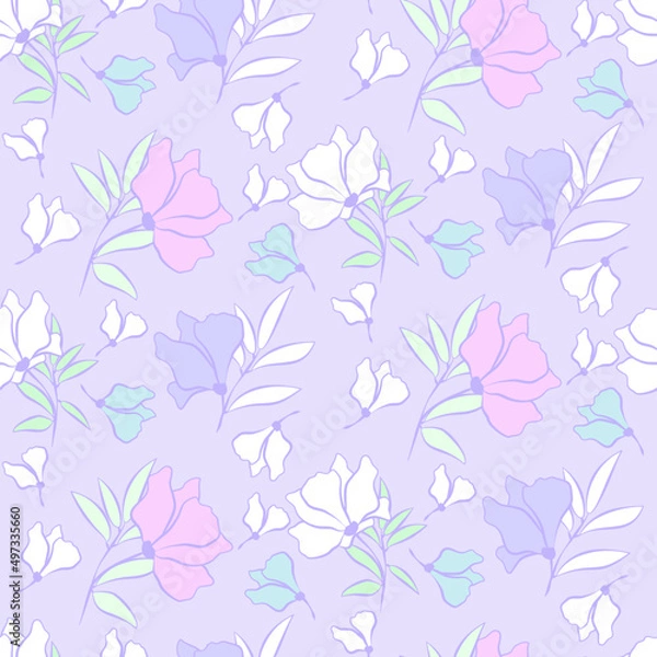 Fototapeta Vector seamless half-drop pattern, with leaves and flowers