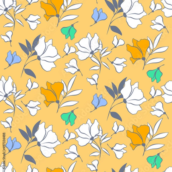 Fototapeta Vector seamless half-drop pattern, with leaves and flowers