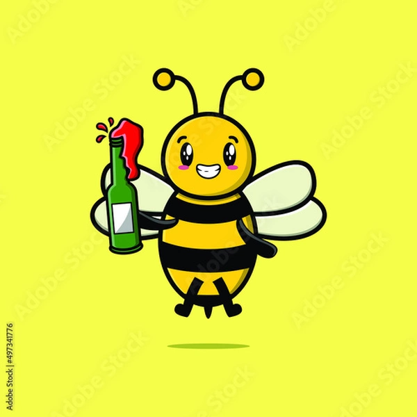 Fototapeta Cute cartoon character Bee with soda bottle in modern cute style design 