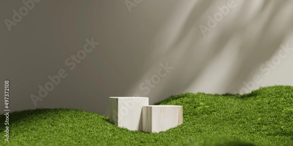 Fototapeta 3D display podium beige background with natural green grass and sun shadow. Nature minimal wood pedestal, beauty, cosmetic product presentation. Spring, summer landscape banner template 3d render.