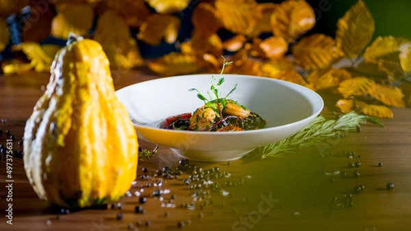 Obraz  black spaghetti with prawn 