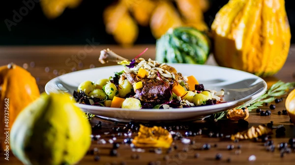 Obraz Crusty goose leg with dumplings