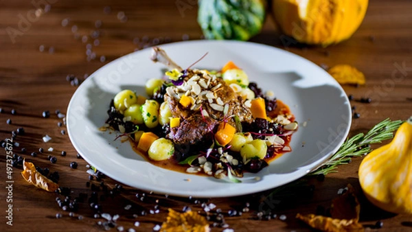 Obraz Crusty goose leg with dumplings