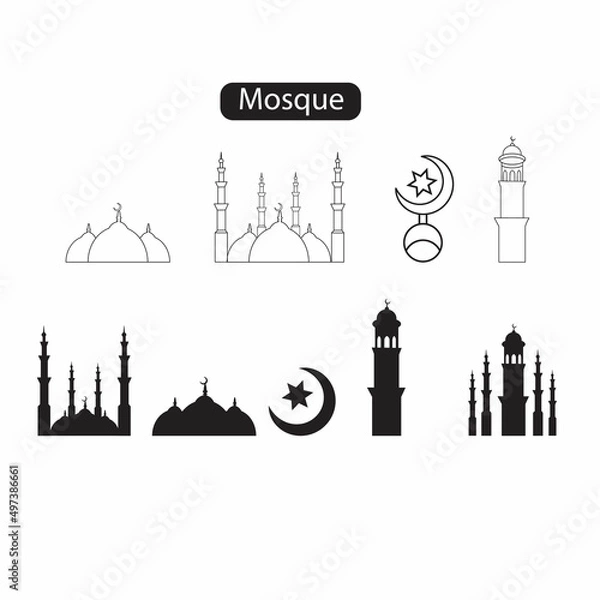 Fototapeta A set of mosque line icons and silhouettes. 