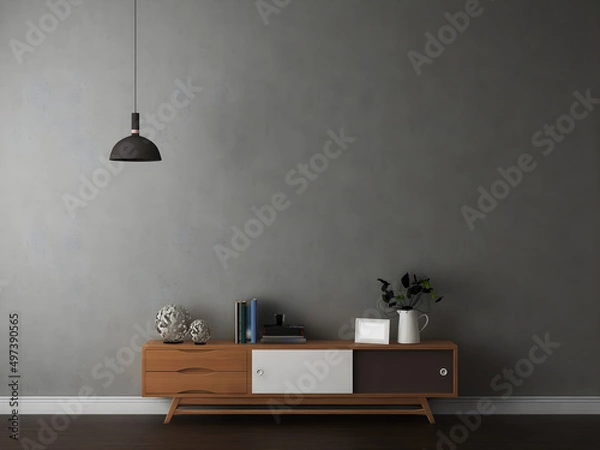 Fototapeta Mockup wall in minimalism room with cabinet and objects, and black hanging lamp .3d rendering. 3d illustration.