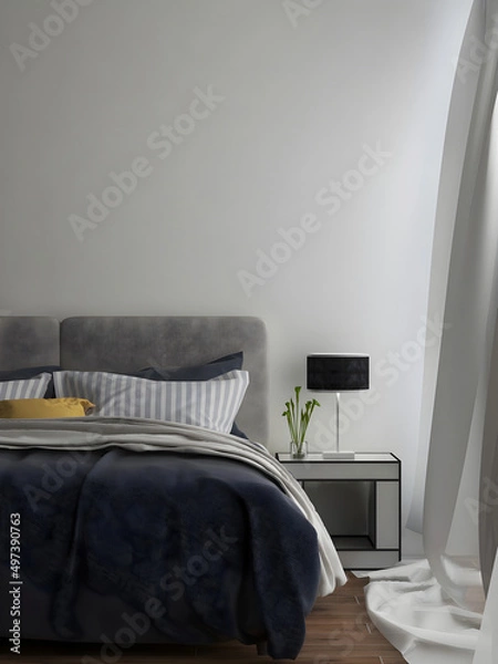 Fototapeta Mockup room in the bedroom with a bed and dark blanket near window .3d rendering. 3d illustration.