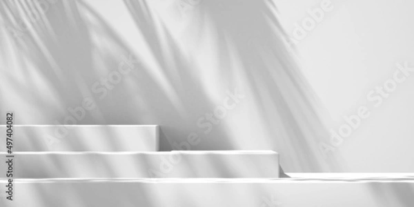 Fototapeta 3D white product podium display with white background and tree shadow,summer product mockup background,3D render illustration