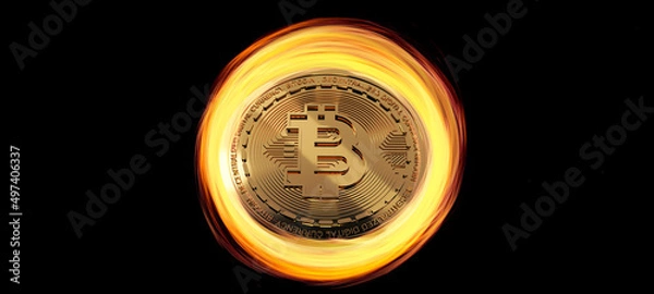 Obraz Bitcoin Crypto currency Gold BTC in fire. on dark black background.3d rendering