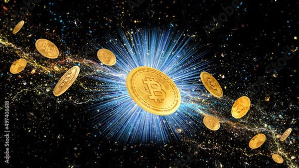 Fototapeta Gold coin Bitcoin levitates on a Galaxy background.3d rendering