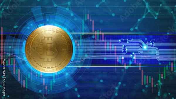 Obraz Golden bitcoin digital currency, futuristic digital money and technology worldwide network concept.3d rendering