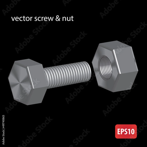 Obraz Steel screw and nut. Vector illustration.