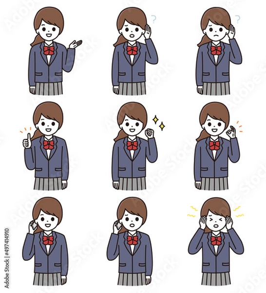 Obraz 女性 高校生 イラスト セット