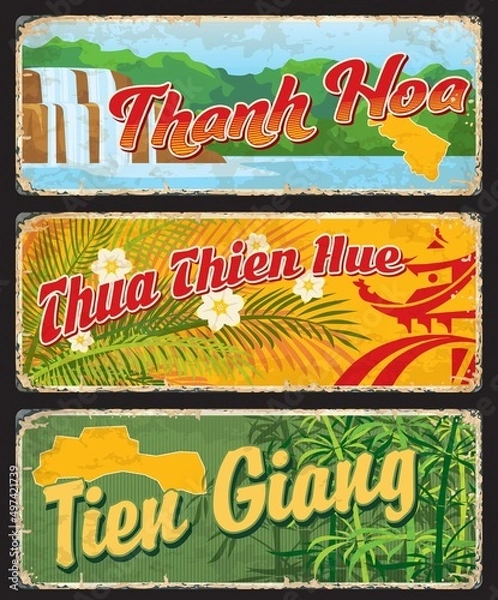 Fototapeta Thanh Hoa, Thua Thien Hue and Tien Giang vietnamese regions retro plates and travel stickers. Asian journey grunge tin sign, Vietnam province tourism vector cards with jungle leaves and Hieu waterfall