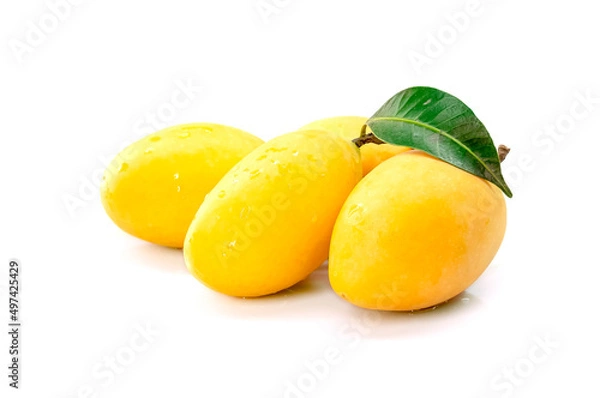 Fototapeta Marian Plum, Plum Mango, yellow fresh fruit and green leaf. Summer fruit with a sweet and sour taste. isolated on white background.