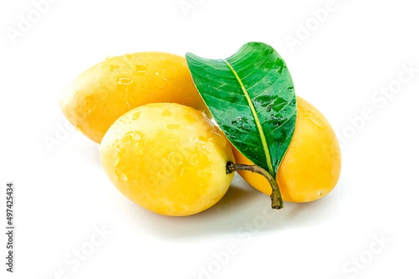 Fototapeta Marian Plum, Plum Mango, yellow fresh fruit and green leaf. Summer fruit with a sweet and sour taste. isolated on white background.