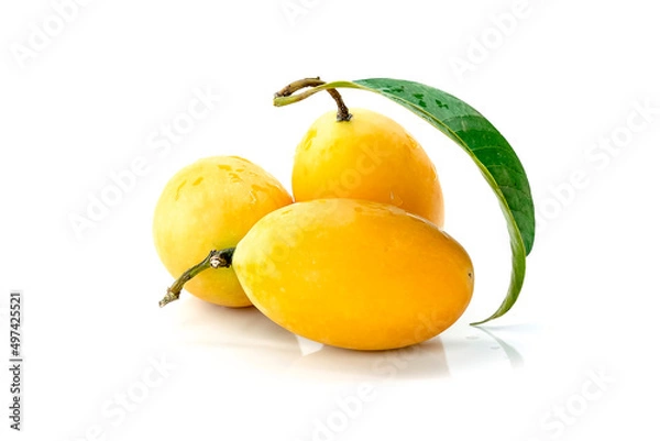 Fototapeta Marian Plum, Plum Mango, yellow fresh fruit and green leaf. Summer fruit with a sweet and sour taste. isolated on white background.
