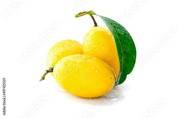 Fototapeta Marian Plum, Plum Mango, yellow fresh fruit and green leaf. Summer fruit with a sweet and sour taste. isolated on white background.