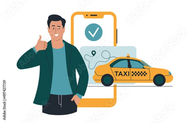 Obraz Taxi. Yellow car and mobile phone. A man in a jacket shows a class hand gesture. Concept. Vector image.