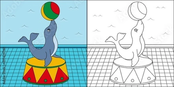 Fototapeta Seal circus show suitable for children's coloring page vector illustration