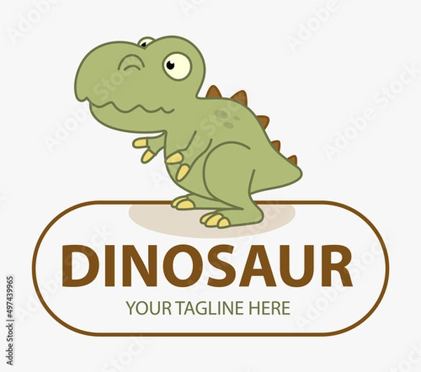 Obraz Funny cute dinosaur logo. Tyrannosaur mascot. Jungle Dinosaur animal cartoon character icon flat illustration vector, T Shirt Print, Web icon.