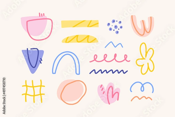 Fototapeta Colorful set of various hand drawn abstract shapes, strokes and doodles. Modern design elements. Vector texture. 