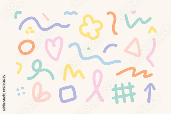 Fototapeta Colorful set of various hand drawn abstract shapes, strokes and doodles. Childish cute drawing. Modern design elements. Vector texture. 