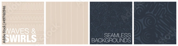 Obraz Low contrast boho lace seamless background set with zig zag, waves and swirls. Vector pattern design in black and sand beige earth colours for banner, notebook cover, flyer