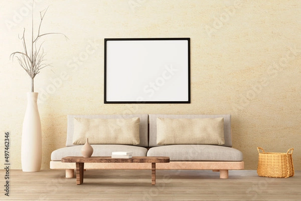 Fototapeta Horizontal poster mockup in neutral style interior living room with low sofa, ceramic jug, side table, wicker basket and books on empty concrete wall background. 3d illustration.